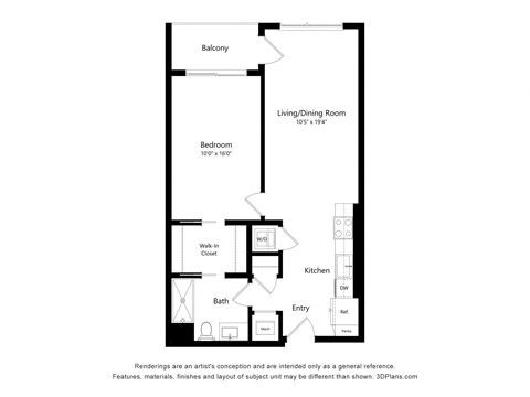 Floor plan for 1 bed, 1 bath, 725 sqft